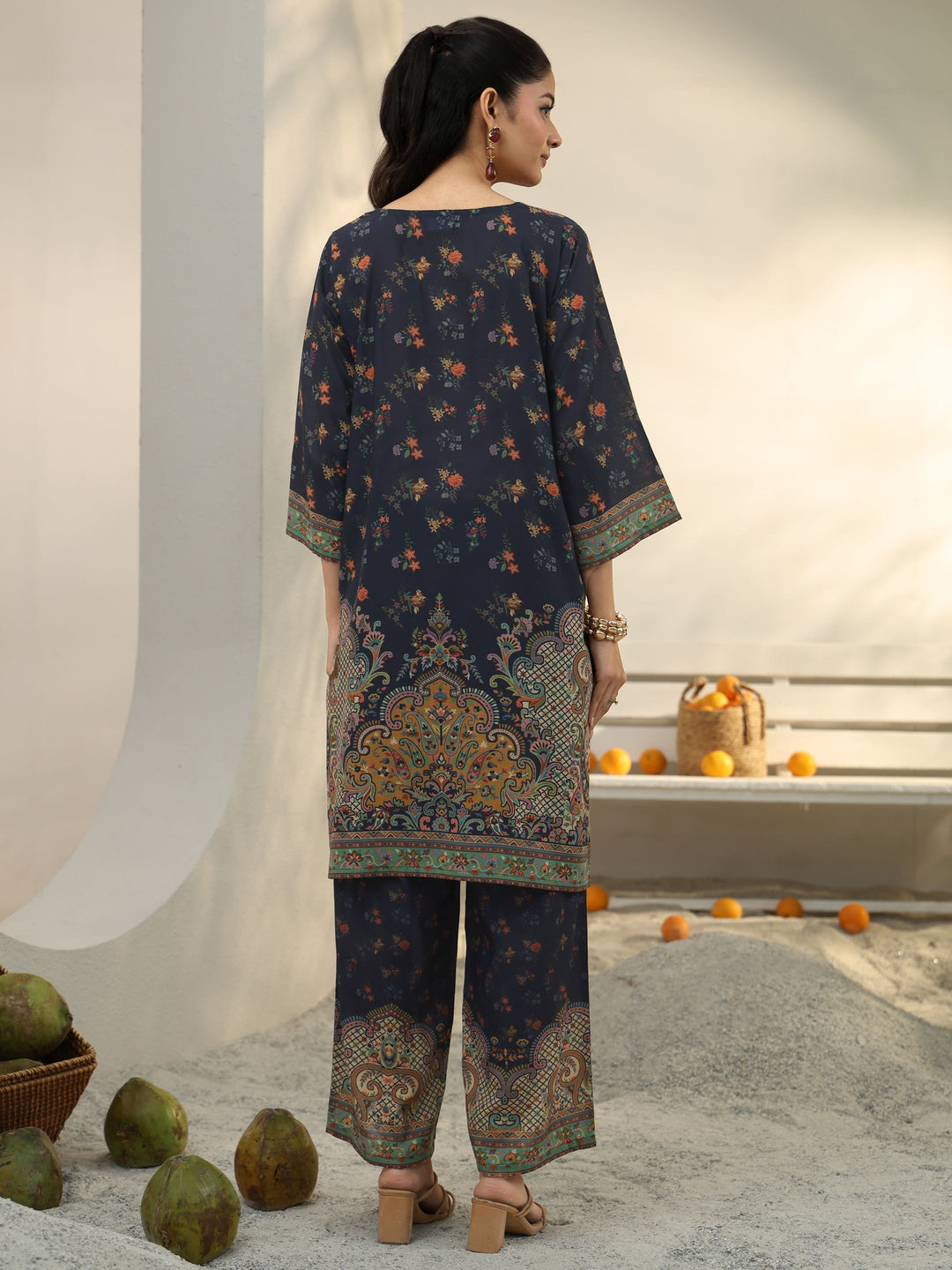 Navy Blue Ethnic Printed Cotton Blend Co-Ord Set 