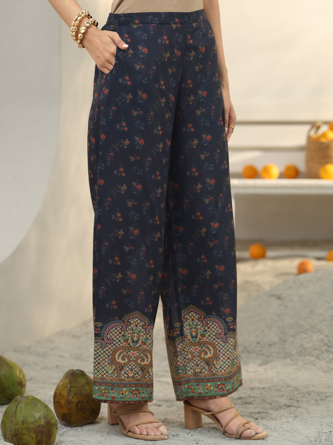  Navy Blue Ethnic Printed Cotton Blend Co-Ord Set 