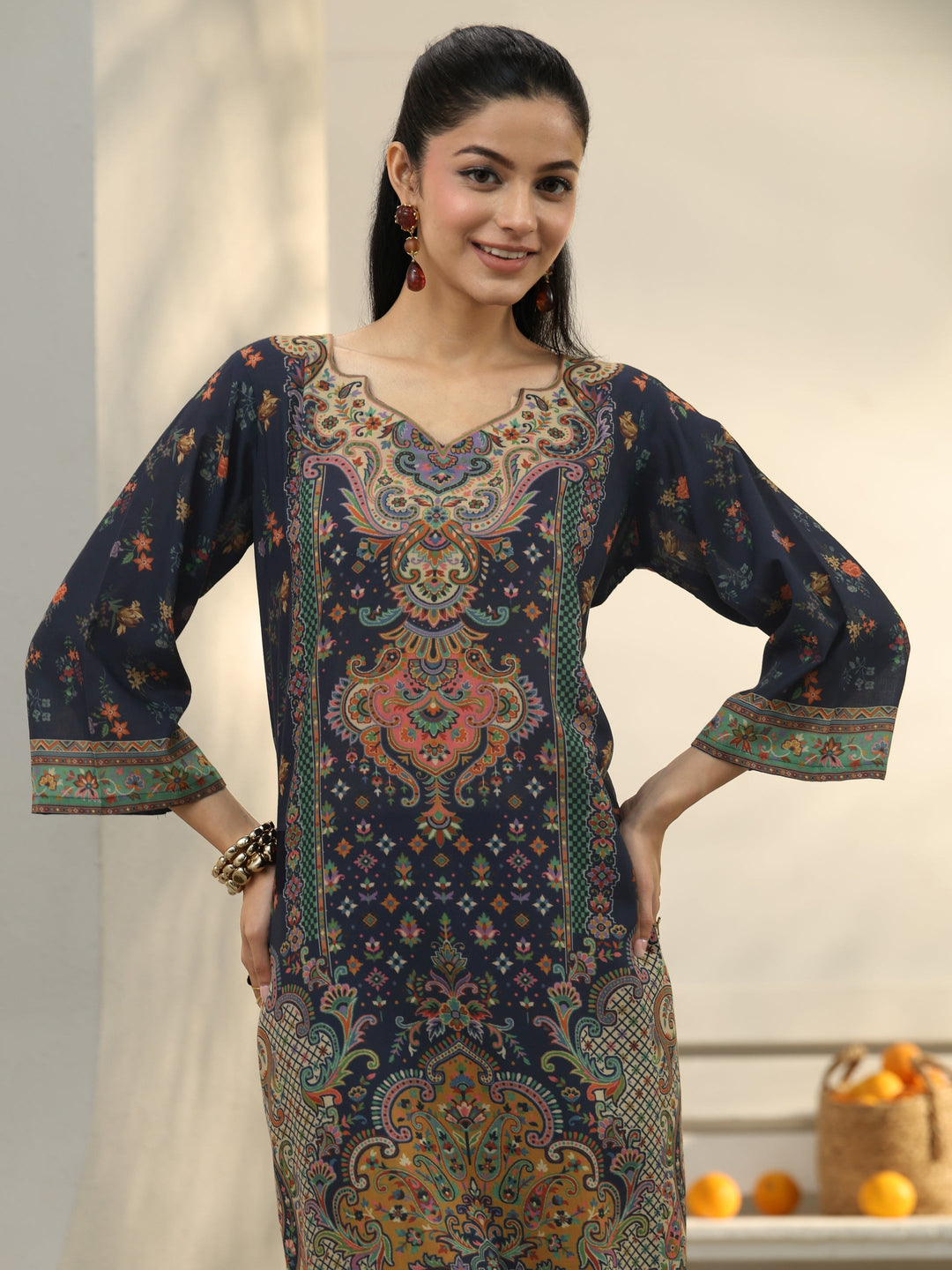  Navy Blue Ethnic Printed Cotton Blend Co-Ord Set 