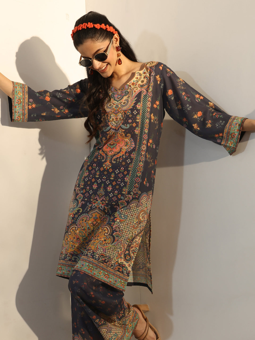  Navy Blue Ethnic Printed Cotton Blend Co-Ord Set 