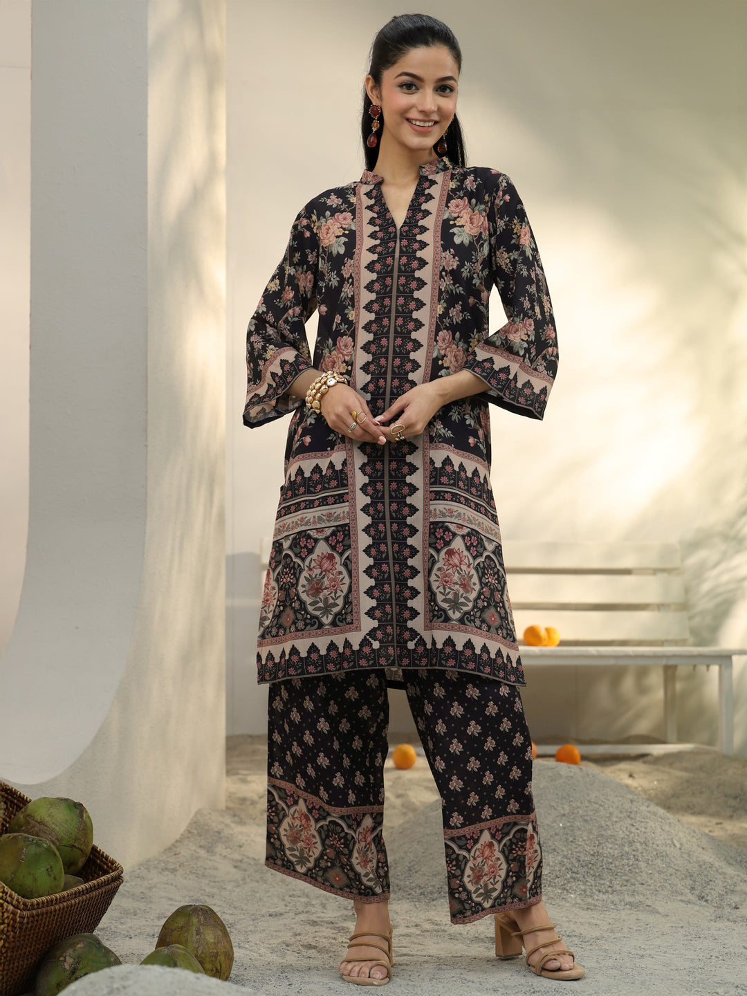 Black Floral Printed Cotton Blend Co-Ord Set 