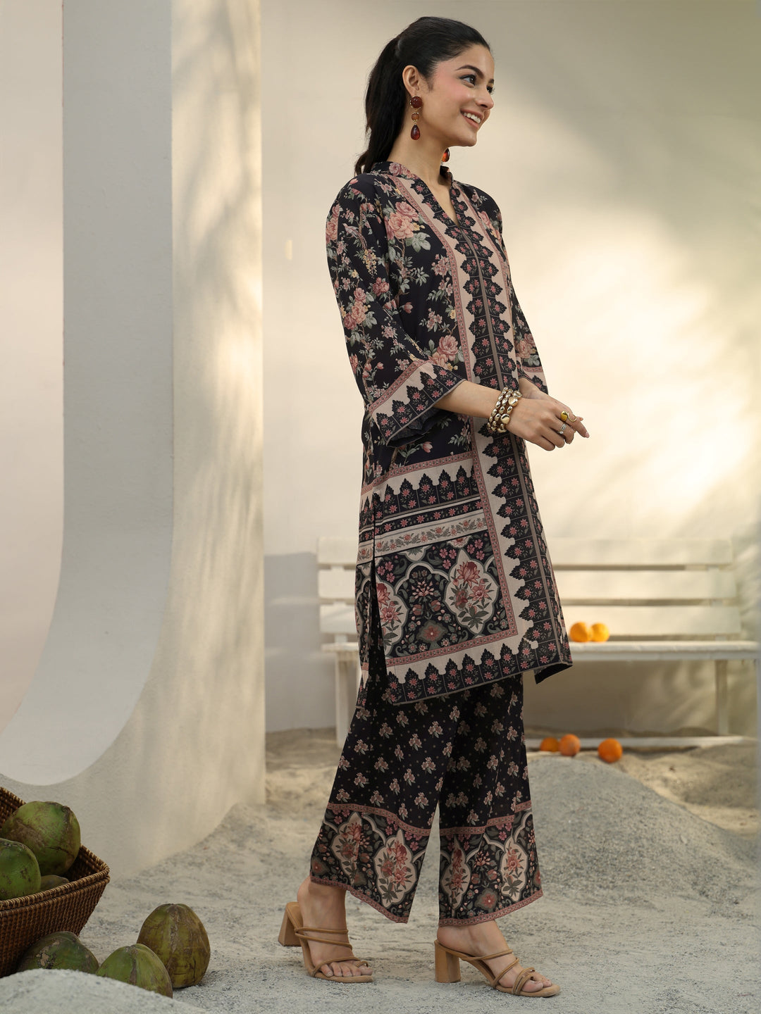  Black Floral Printed Cotton Blend Co-Ord Set 