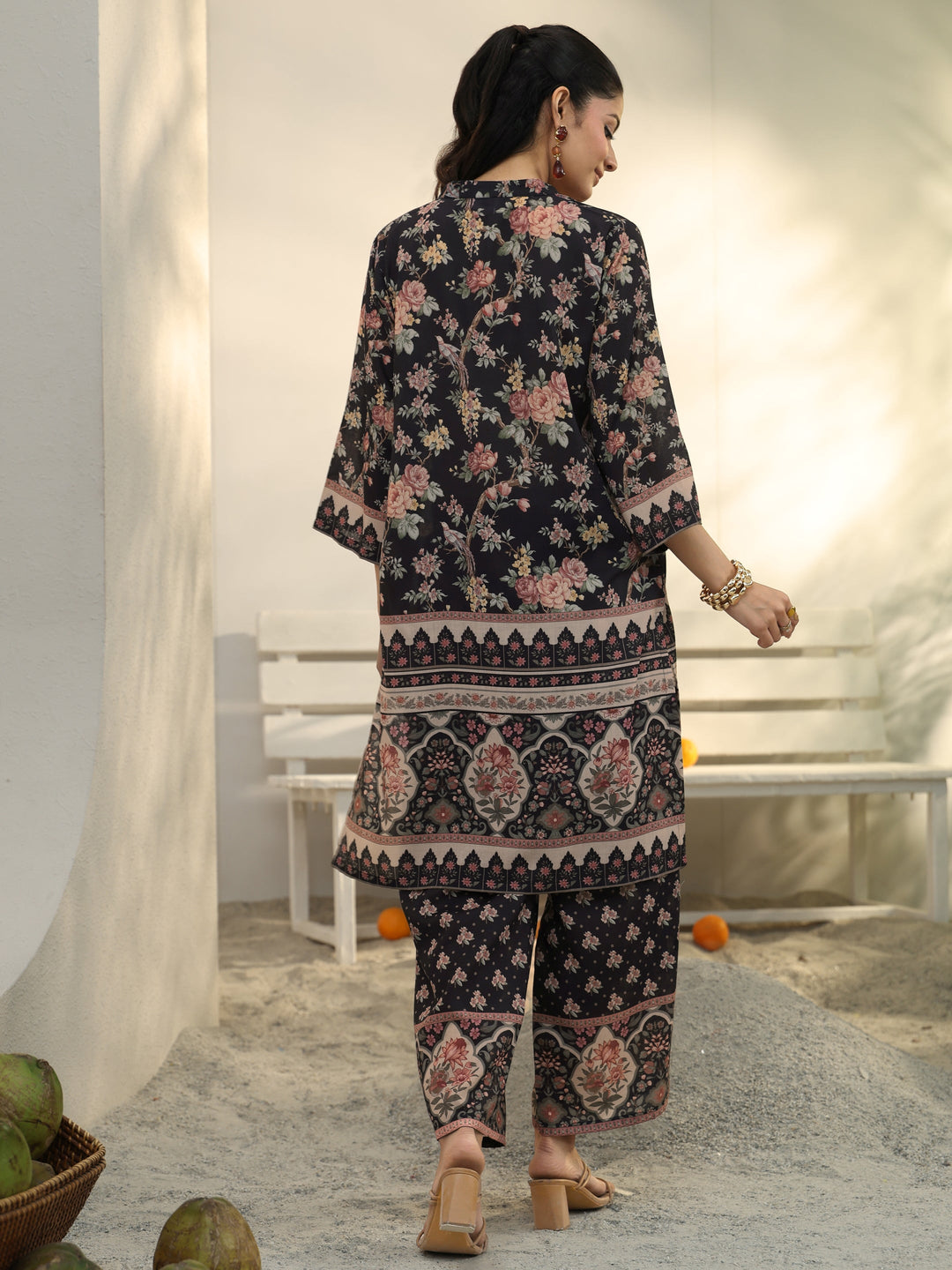  Black Floral Printed Cotton Blend Co-Ord Set 