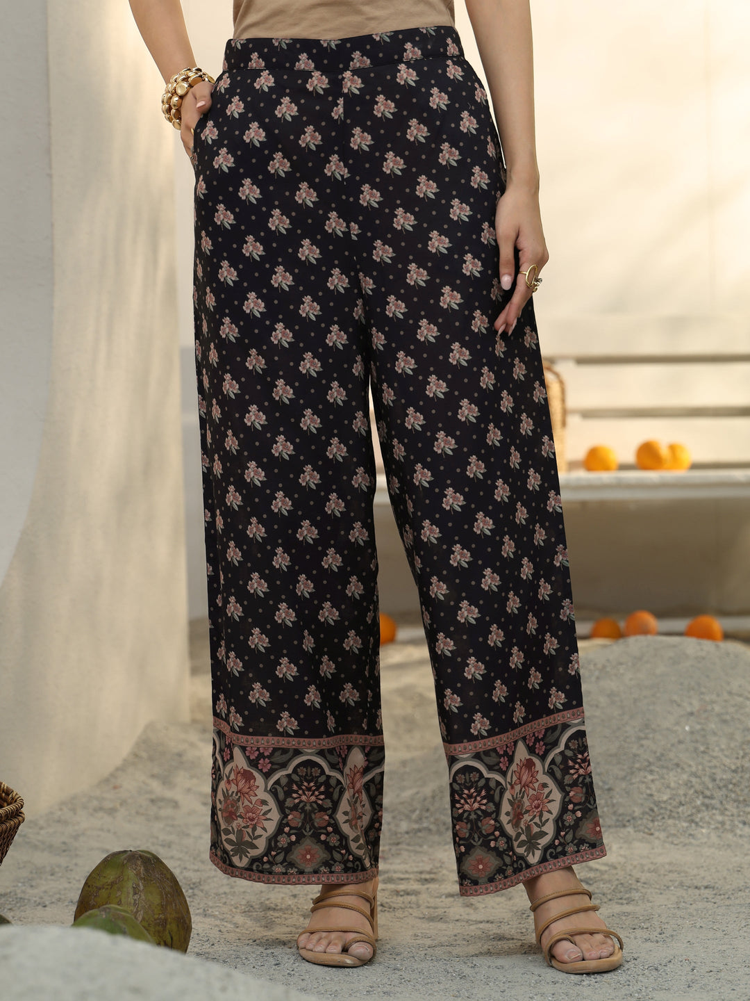  Black Floral Printed Cotton Blend Co-Ord Set 