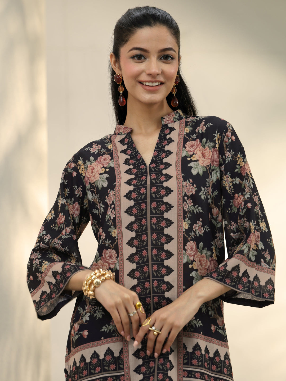  Black Floral Printed Cotton Blend Co-Ord Set 