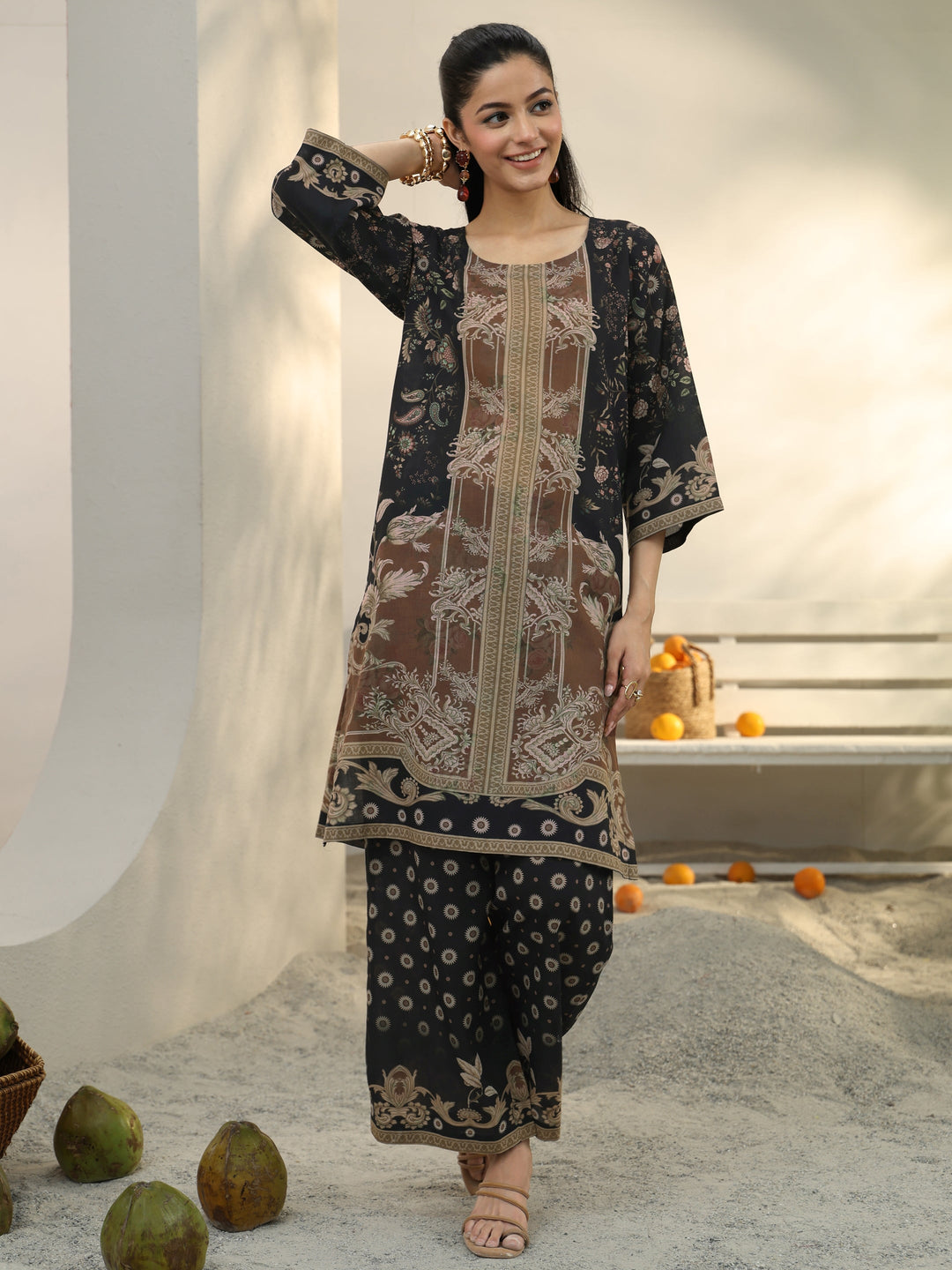  Black Floral Printed Cotton Blend Co-Ord Set 