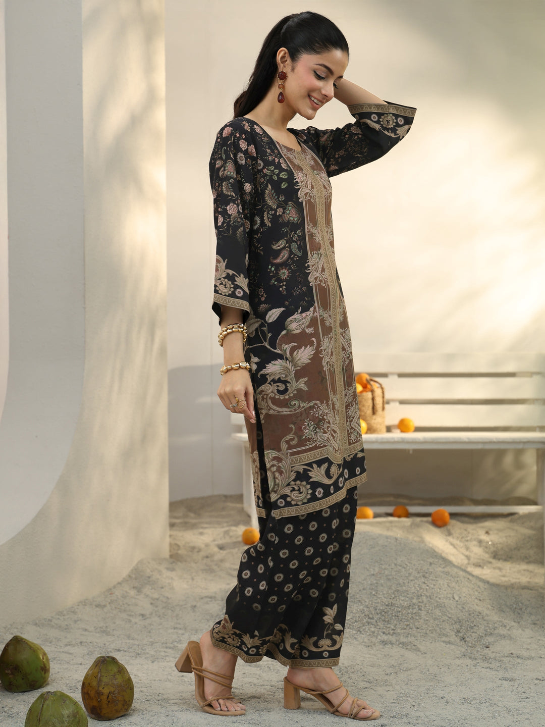  Black Floral Printed Cotton Blend Co-Ord Set 