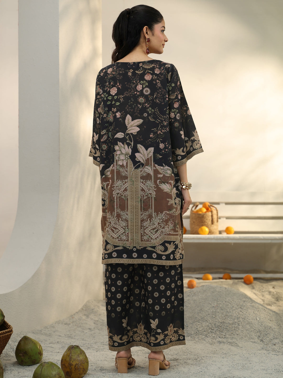  Black Floral Printed Cotton Blend Co-Ord Set 