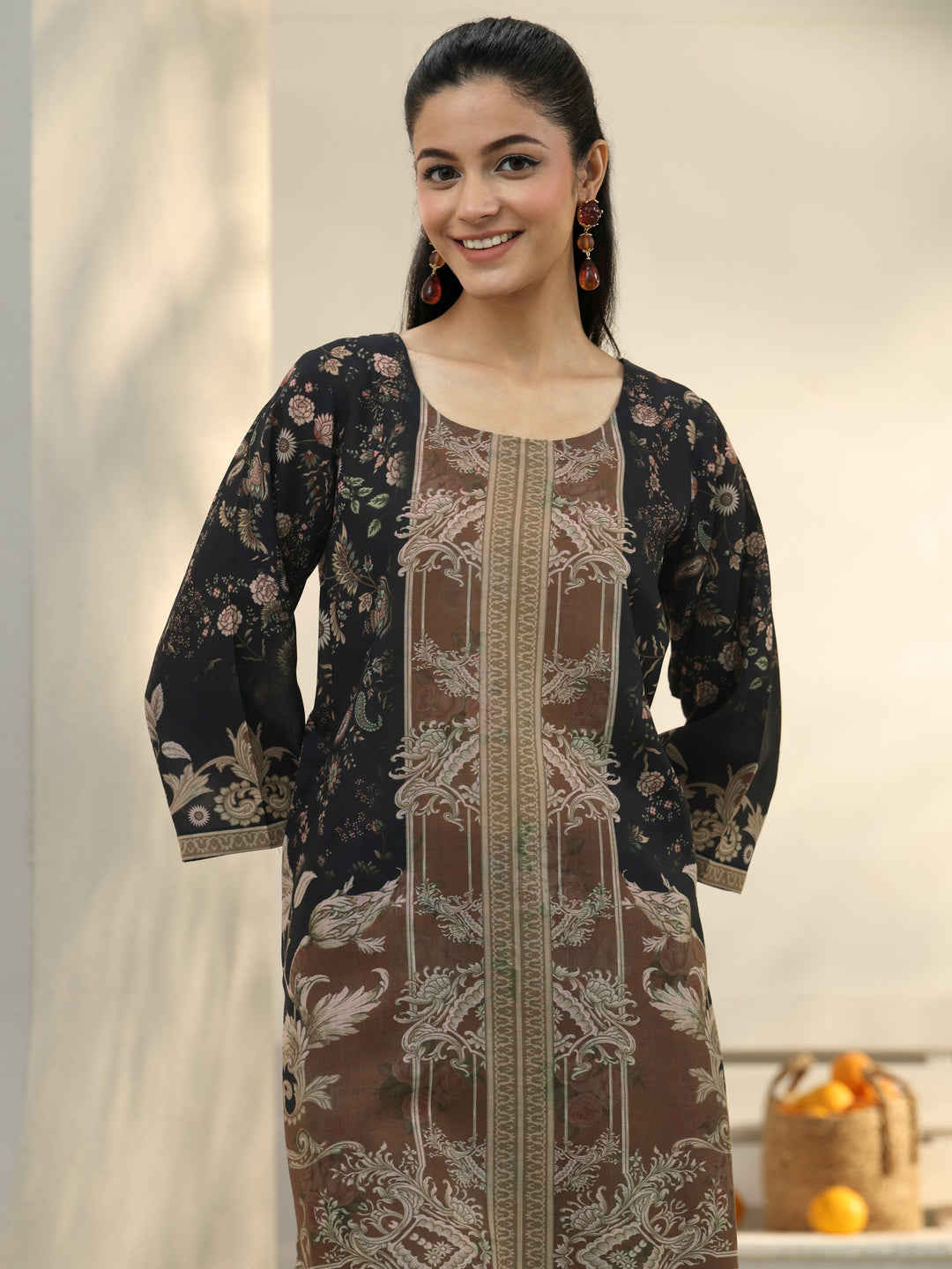  Black Floral Printed Cotton Blend Co-Ord Set 