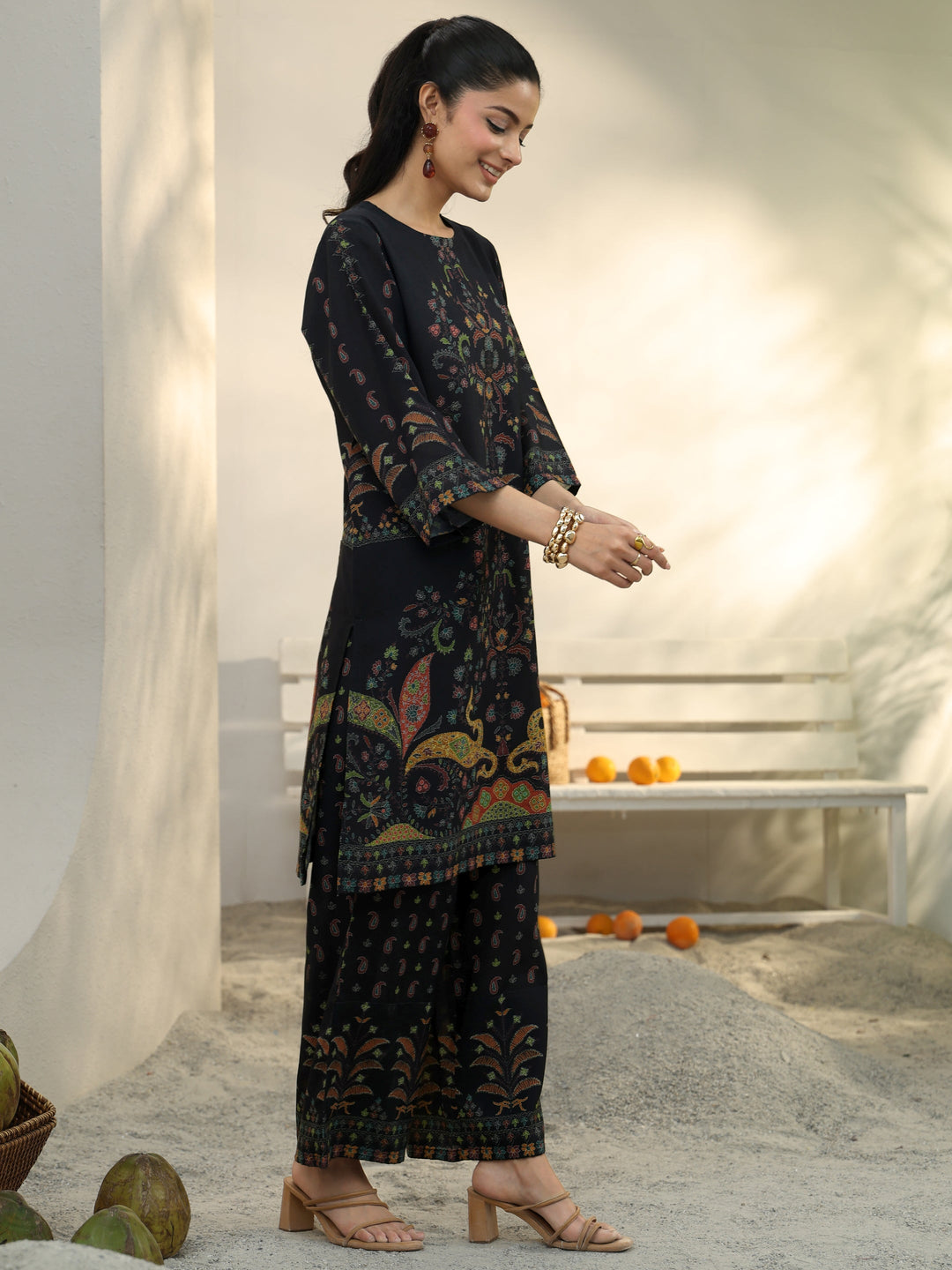 Black Ethnic Printed Cotton Blend Co-Ord Set 