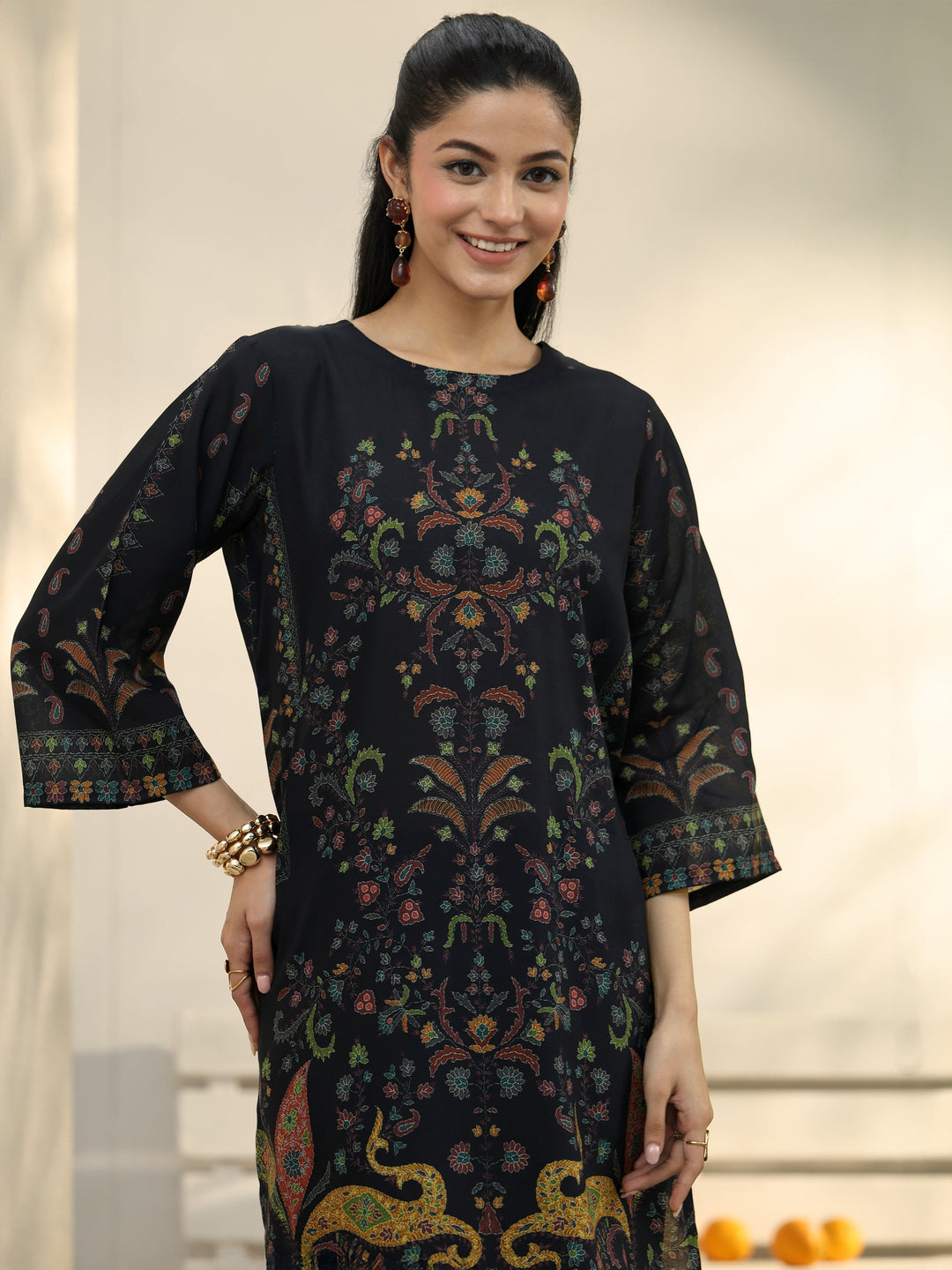  Black Ethnic Printed Cotton Blend Co-Ord Set 