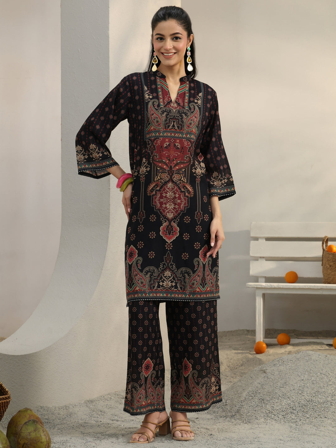  Black Ethnic Printed Cotton Blend Co-Ord Set 