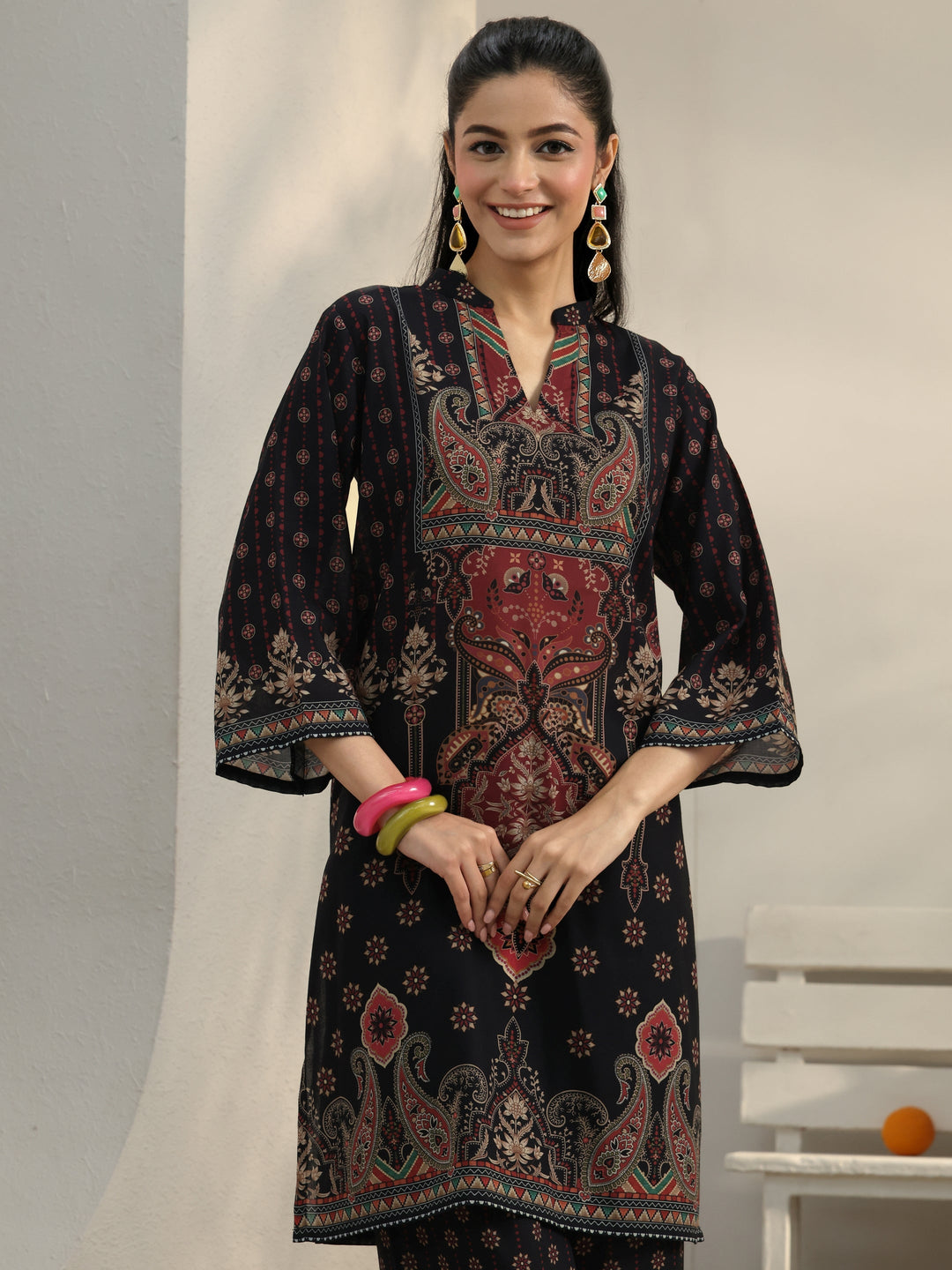  Black Ethnic Printed Cotton Blend Co-Ord Set 