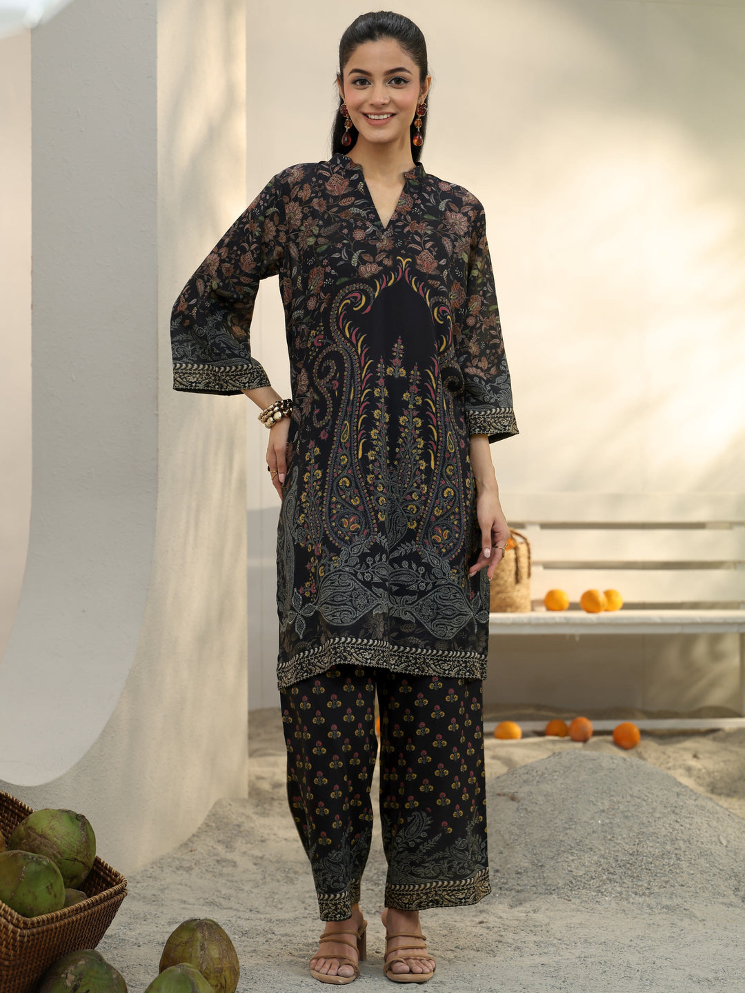 Black Floral Printed Cotton Blend Co-Ord Set 