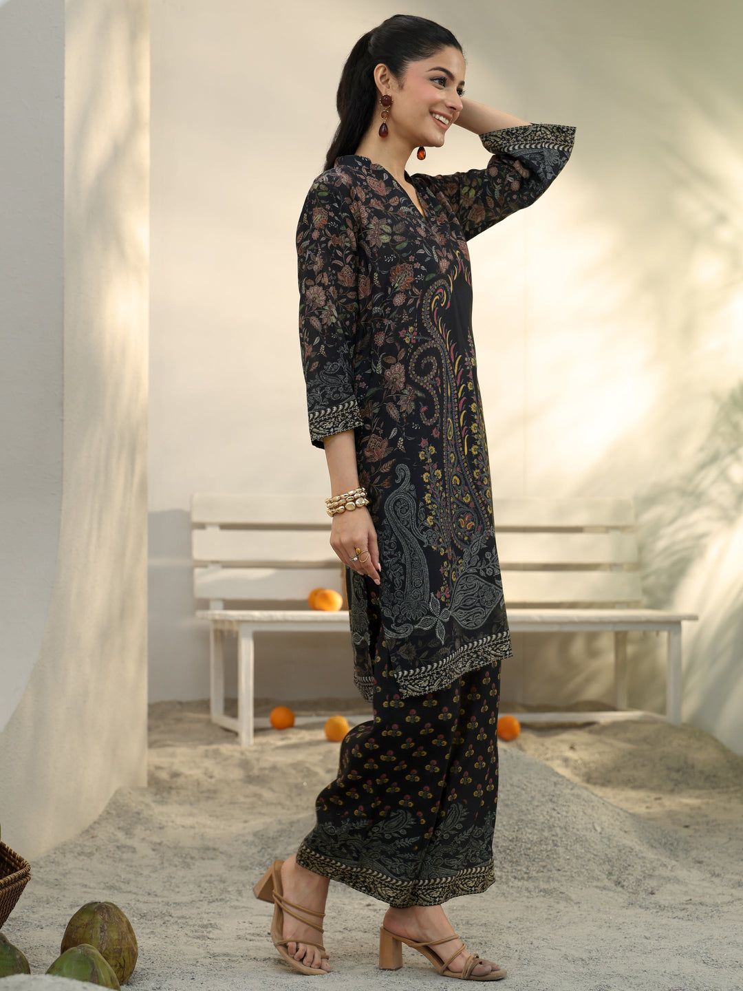  Black Floral Printed Cotton Blend Co-Ord Set 