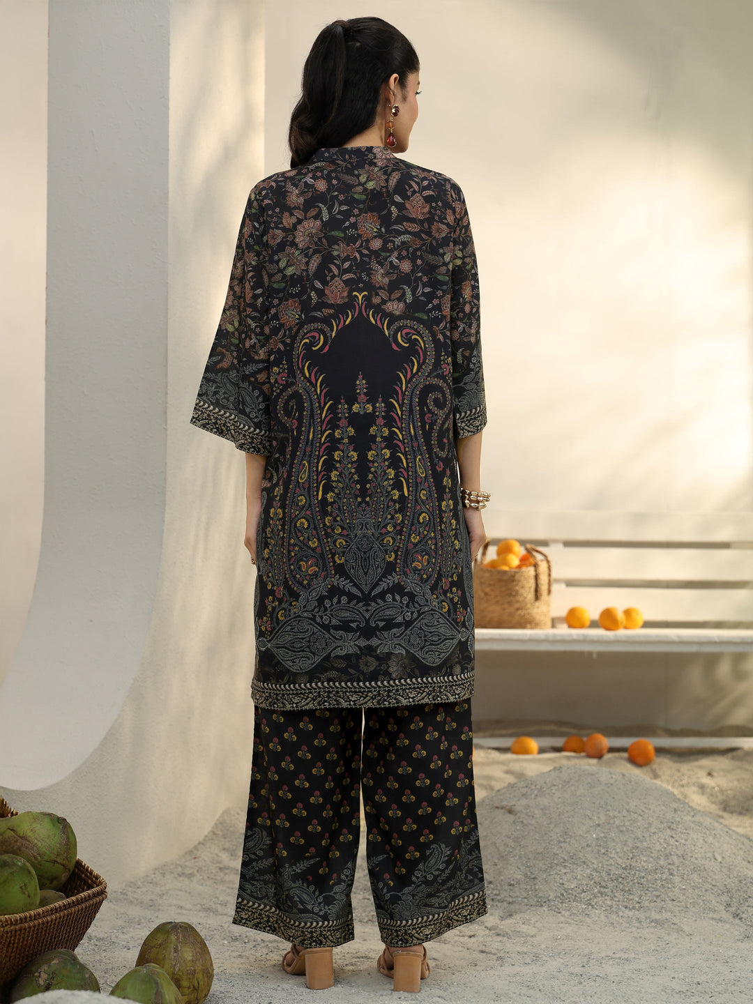  Black Floral Printed Cotton Blend Co-Ord Set 