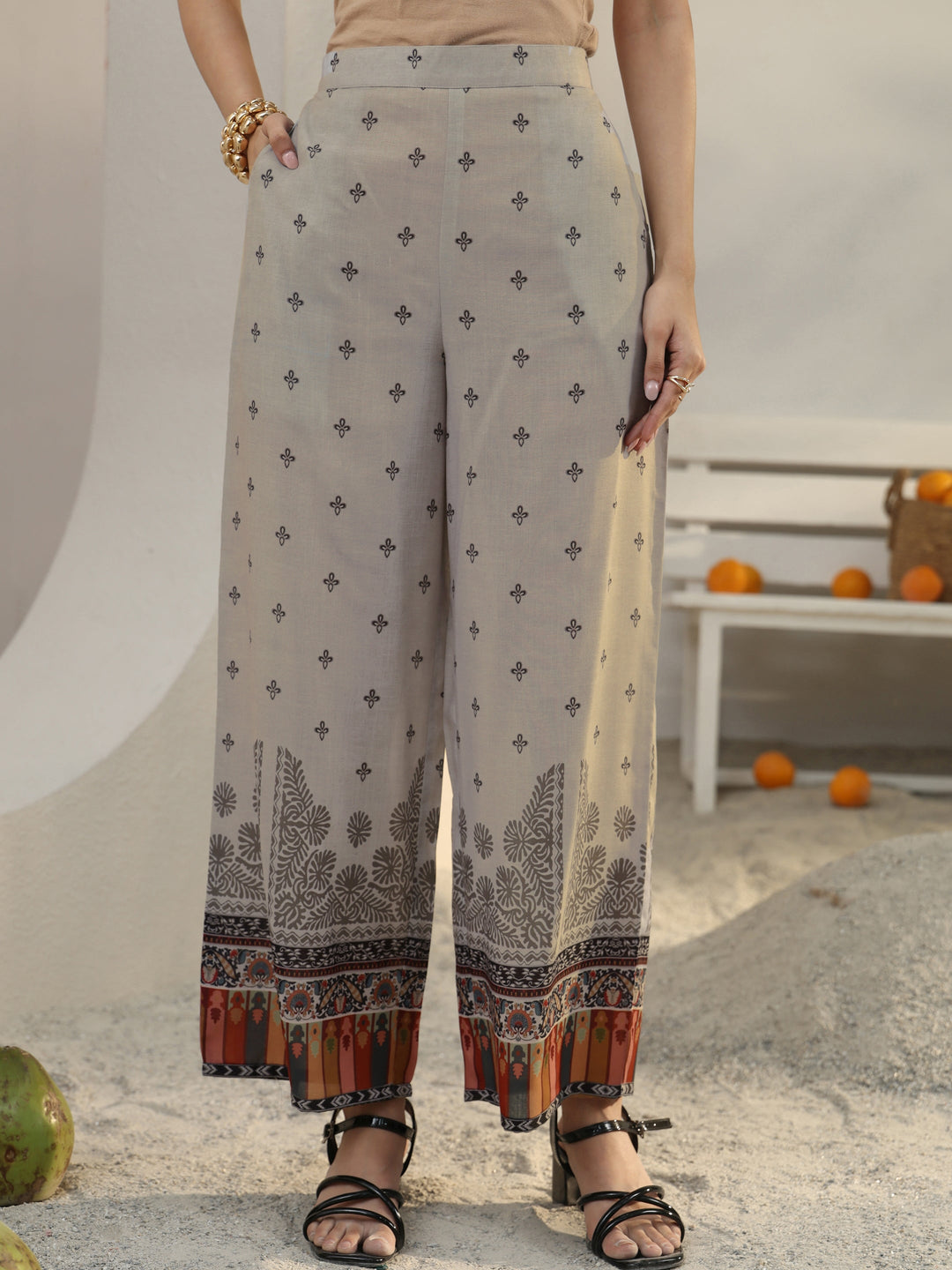  Grey Ethnic Printed Cotton Blend Co-Ord Set 