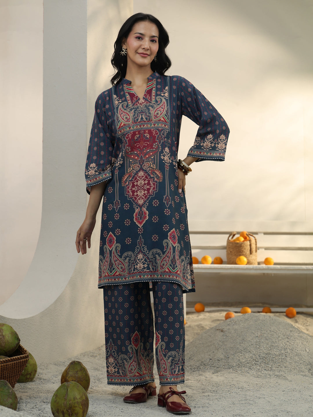  Blue Ethnic Printed Cotton Blend Co-Ord Set 