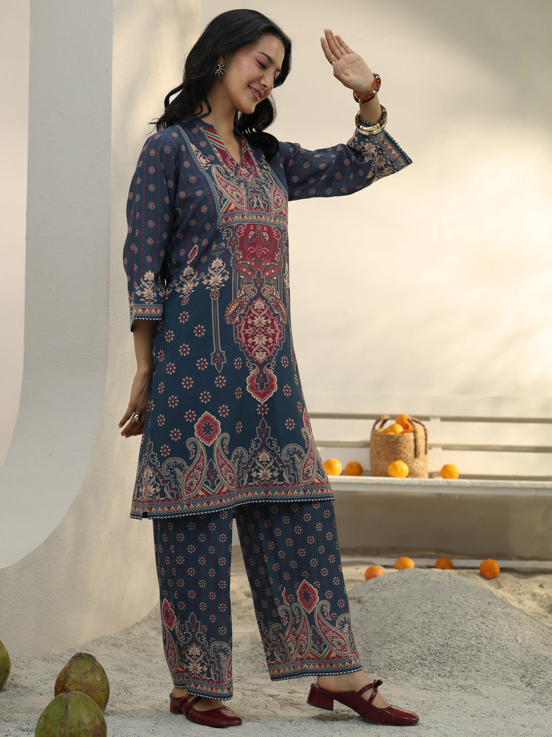  Blue Ethnic Printed Cotton Blend Co-Ord Set 