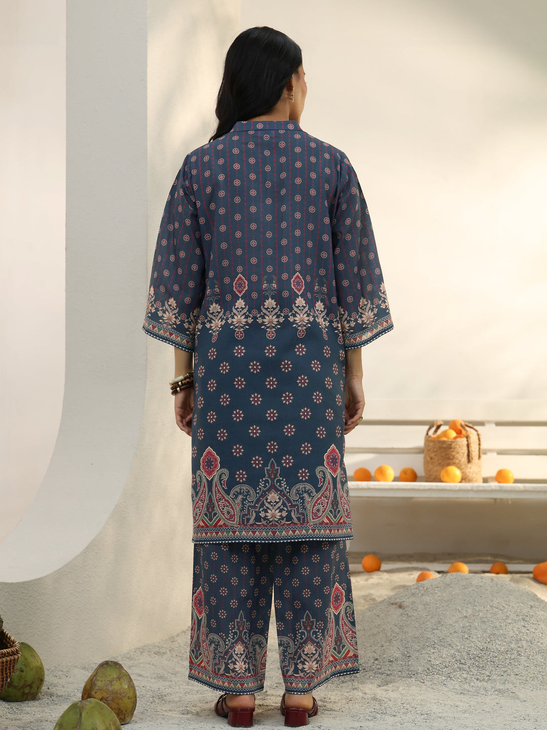  Blue Ethnic Printed Cotton Blend Co-Ord Set 