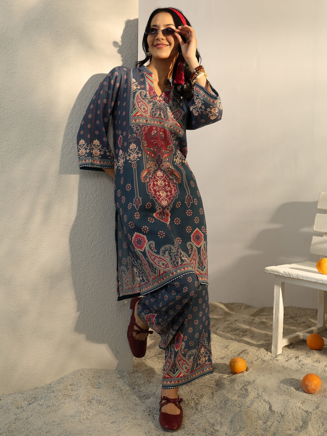  Blue Ethnic Printed Cotton Blend Co-Ord Set 