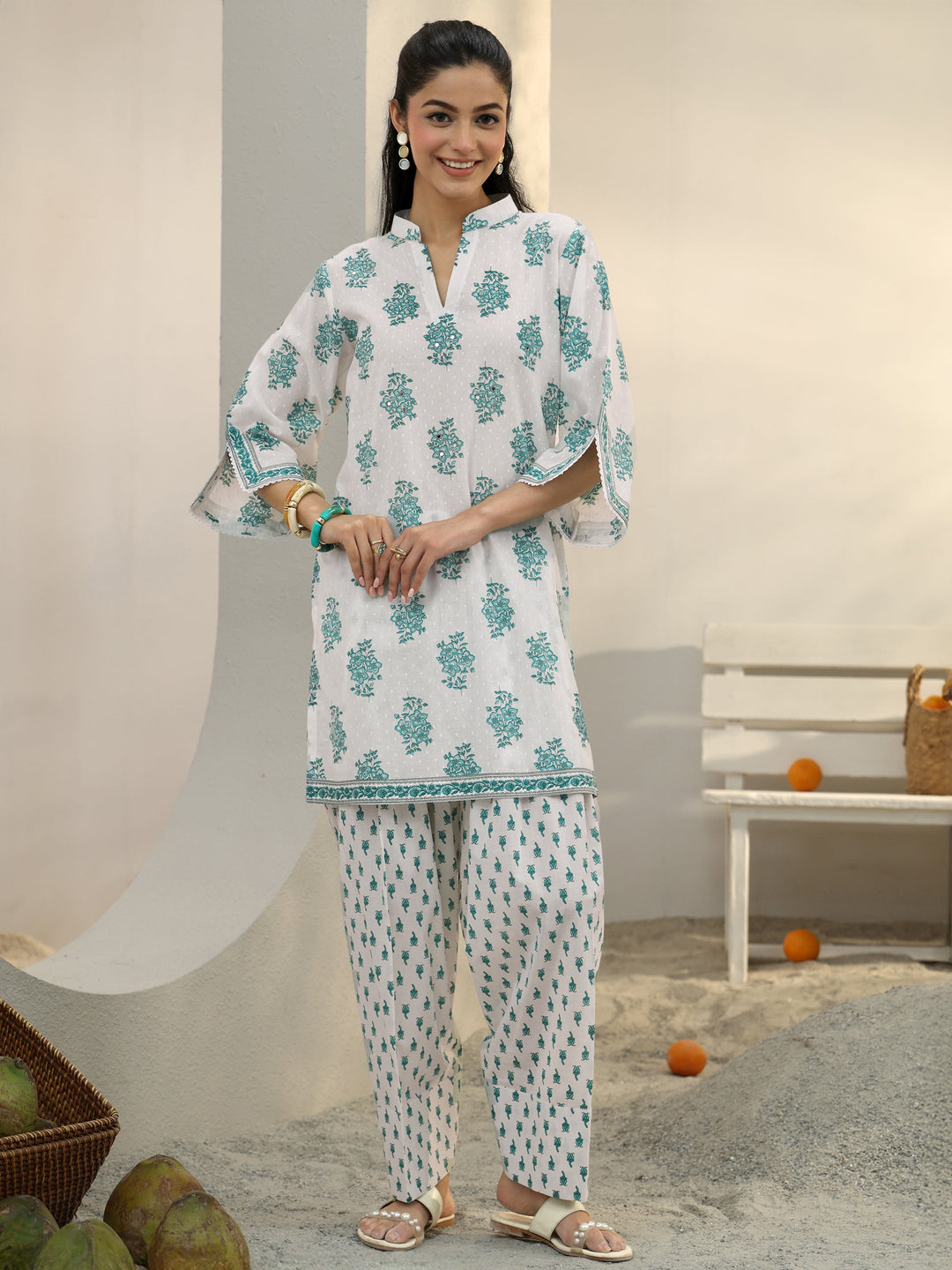  White Floral Printed Cotton Co-Ord Set 