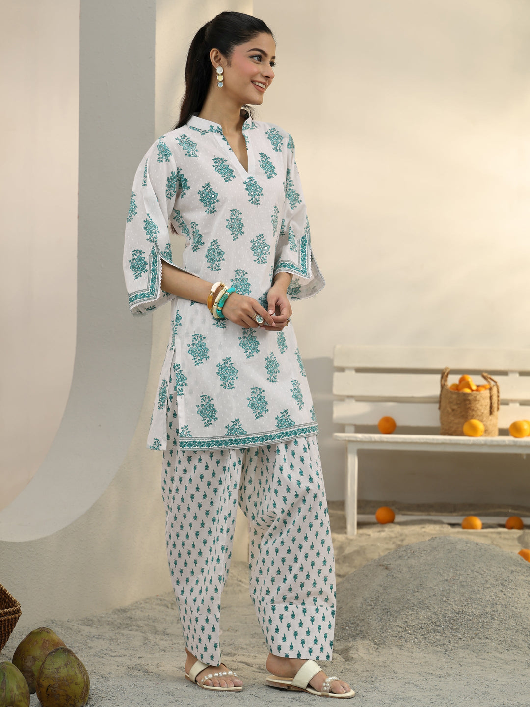  White Floral Printed Cotton Co-Ord Set 