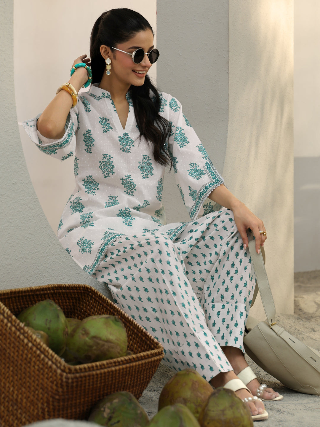  White Floral Printed Cotton Co-Ord Set 