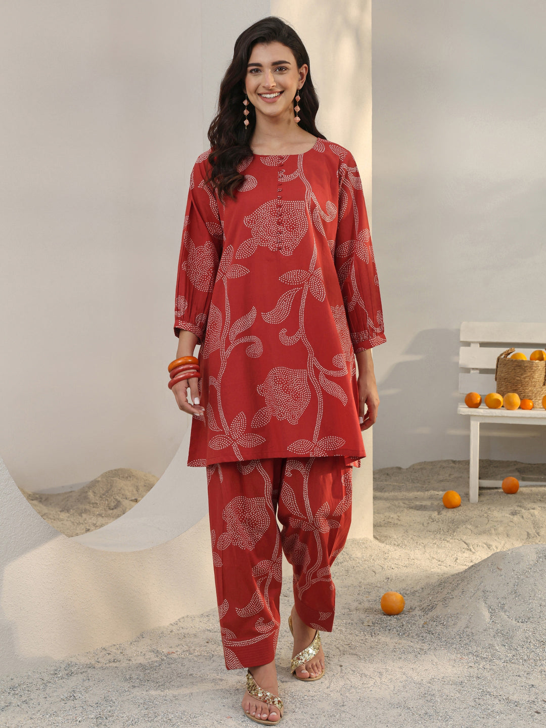  Red Floral Printed Cotton Co-Ord Set 