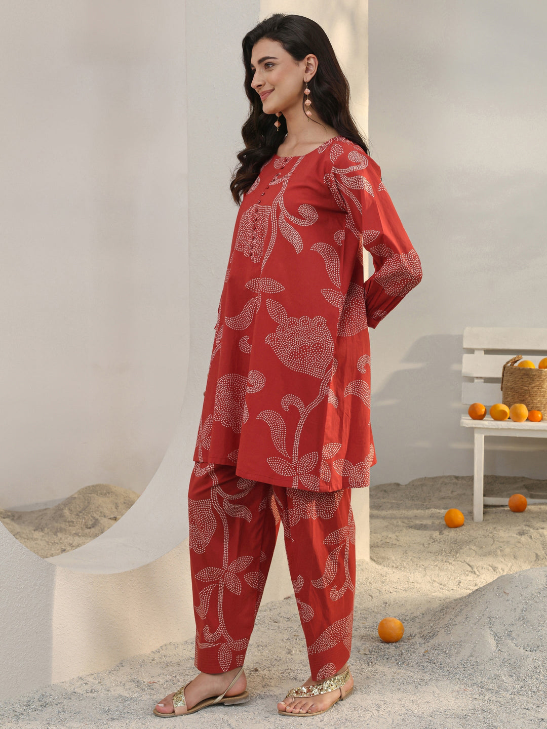  Red Floral Printed Cotton Co-Ord Set 