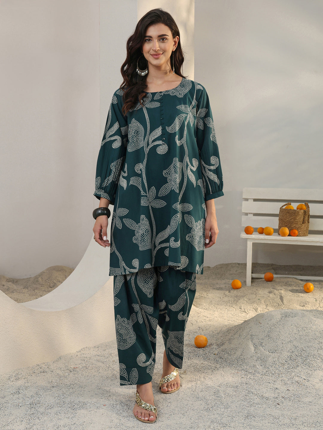  Teal Floral Printed Cotton Co-Ord Set 