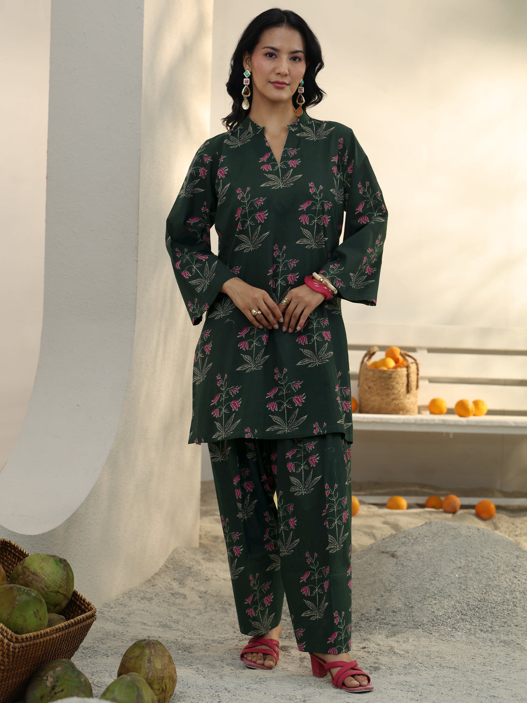  Green Floral Printed Cotton Co-Ord Set 