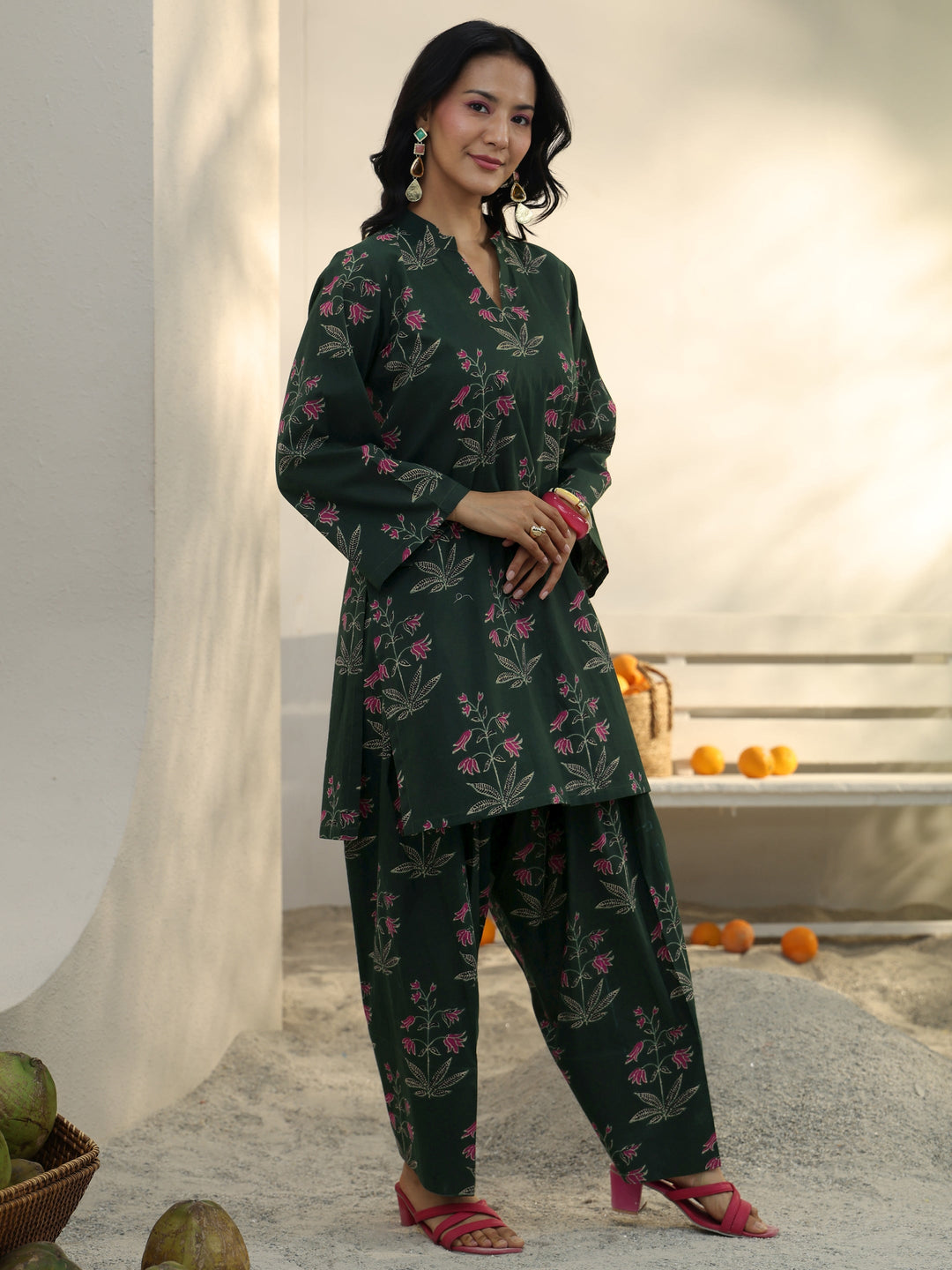  Green Floral Printed Cotton Co-Ord Set 