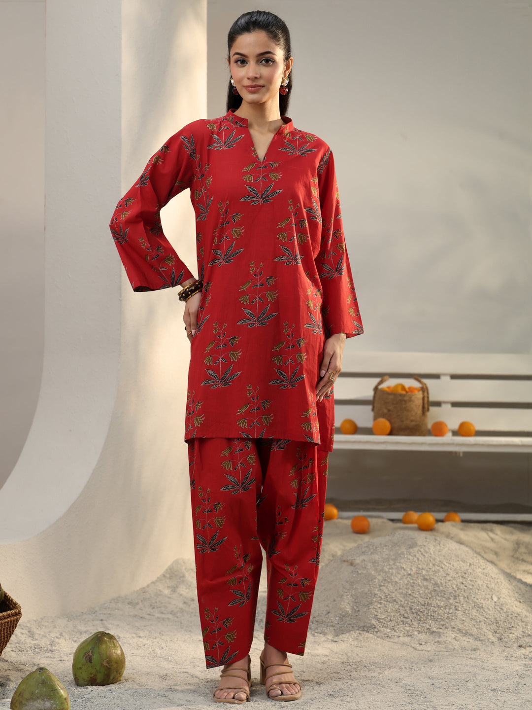  Red Floral Printed Cotton Co-Ord Set 