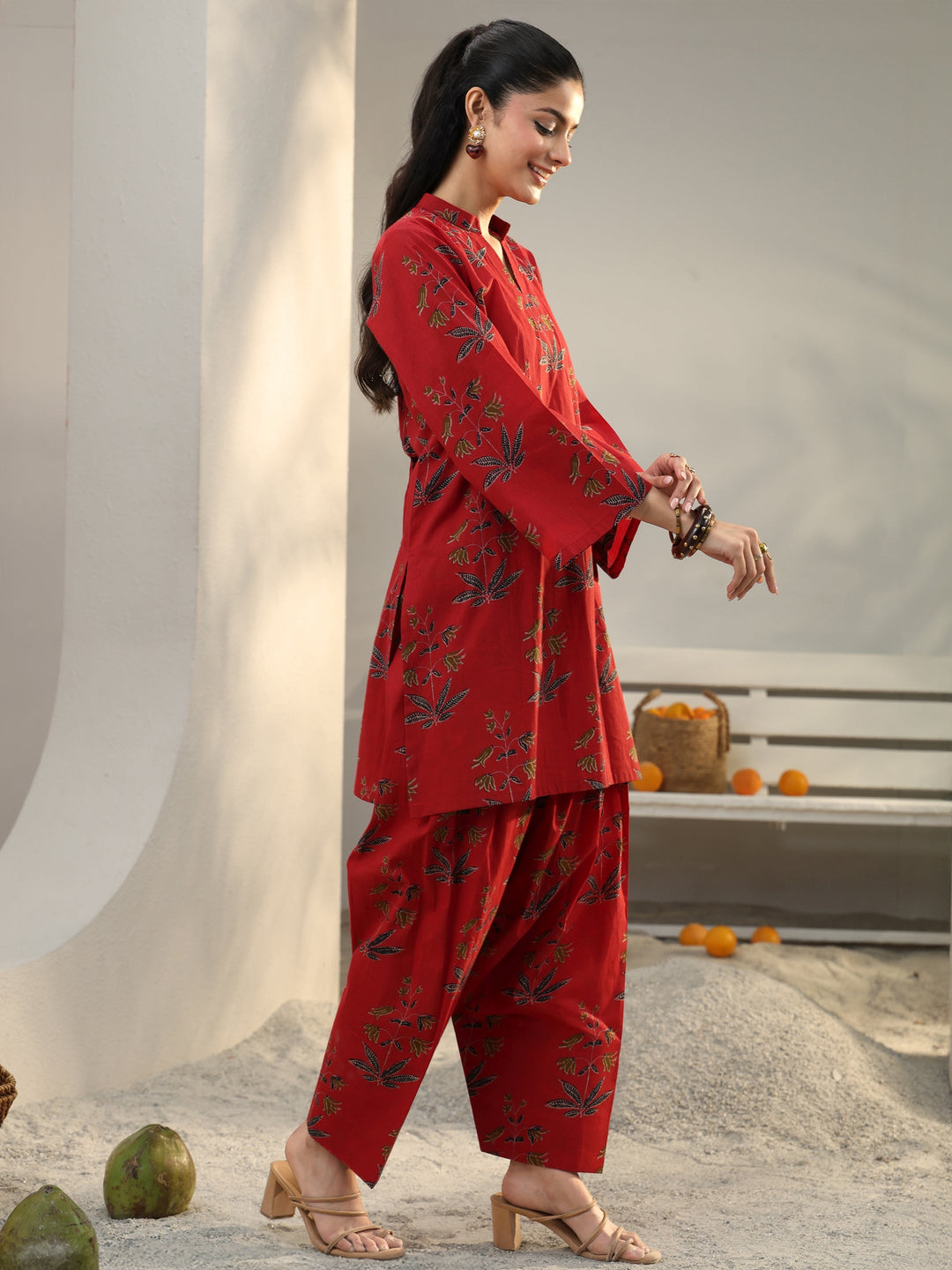  Red Floral Printed Cotton Co-Ord Set 