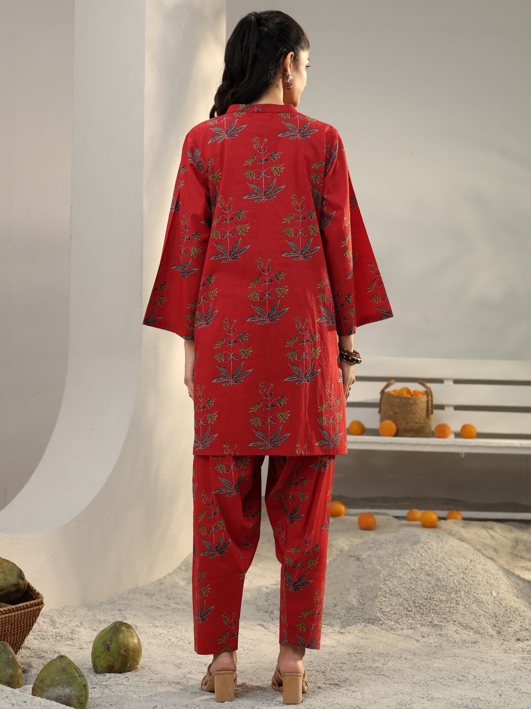  Red Floral Printed Cotton Co-Ord Set 
