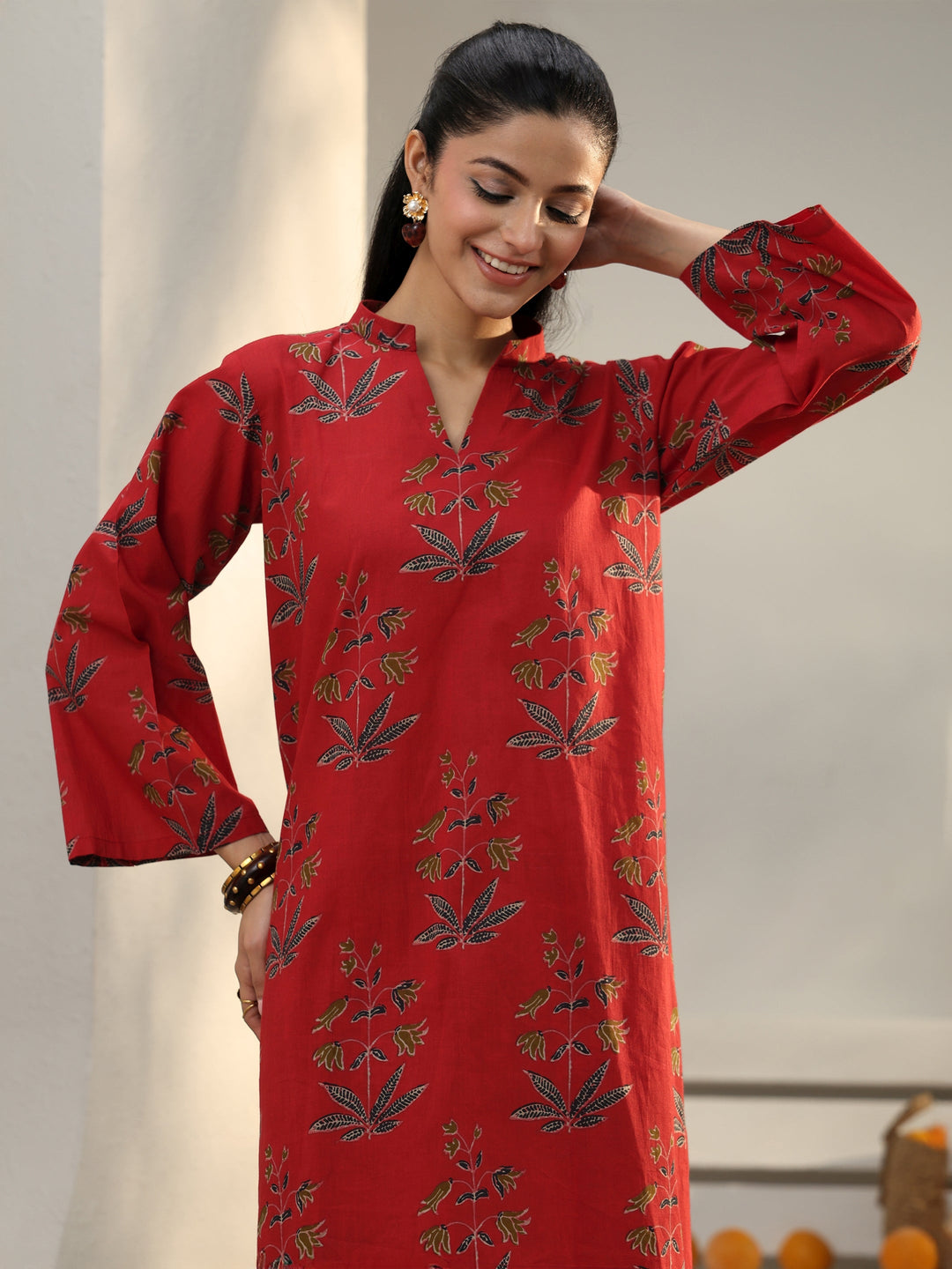  Red Floral Printed Cotton Co-Ord Set 