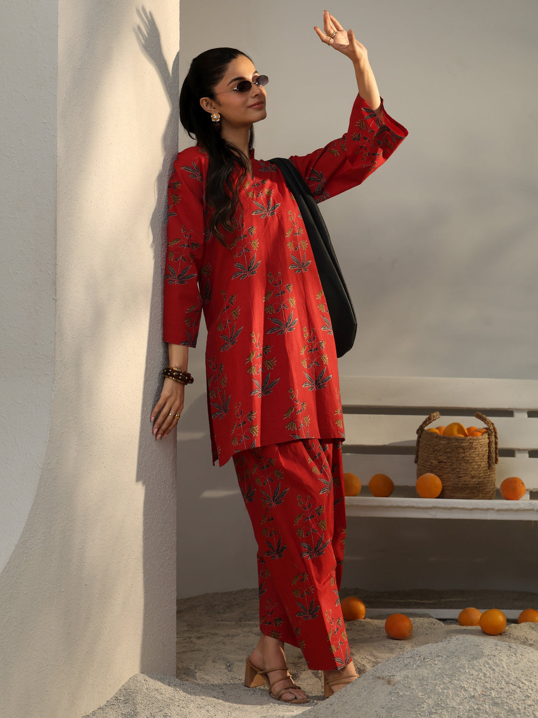  Red Floral Printed Cotton Co-Ord Set 