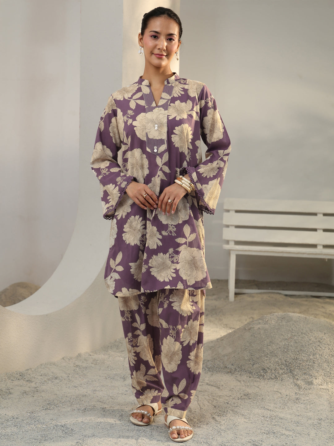  Purple Floral Printed Cotton Co-Ord Set 