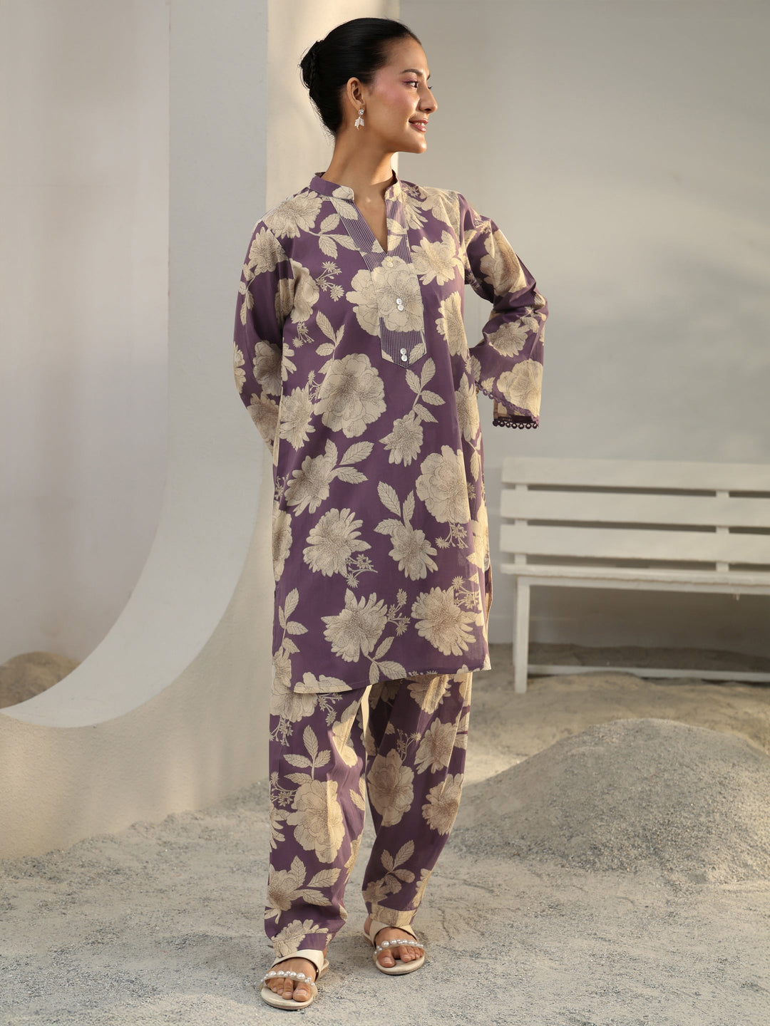  Purple Floral Printed Cotton Co-Ord Set 