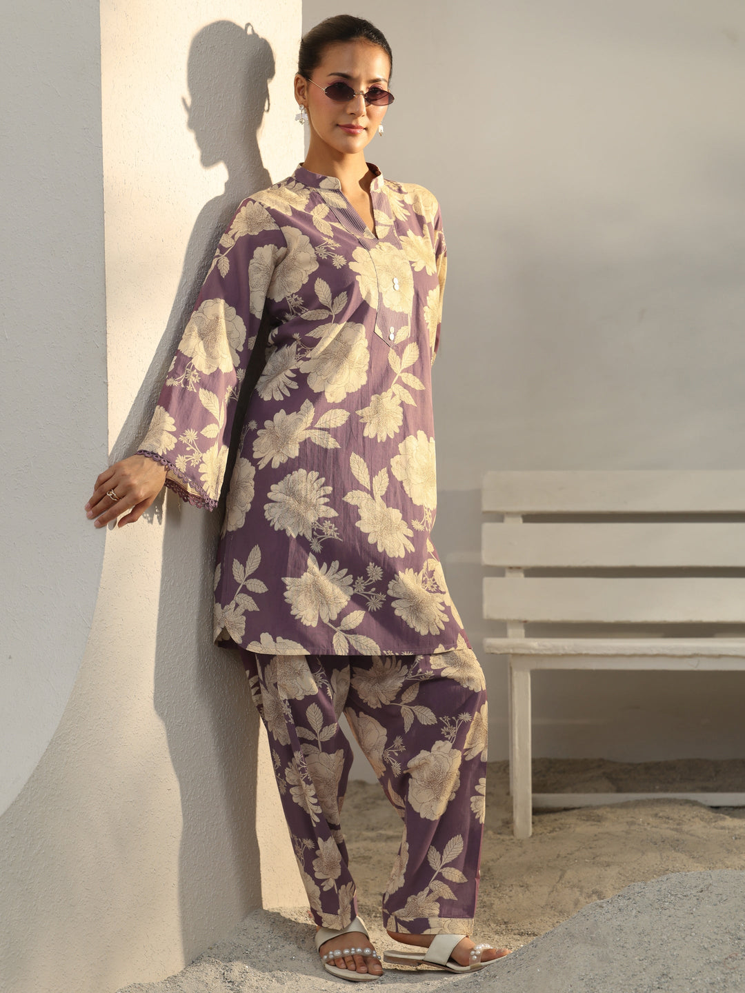  Purple Floral Printed Cotton Co-Ord Set 