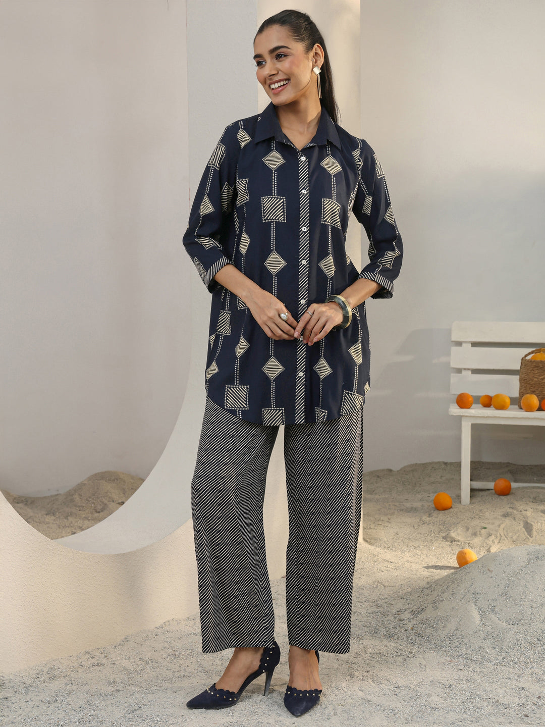  Navy Blue Geometric Printed Rayon Co-Ord Set 