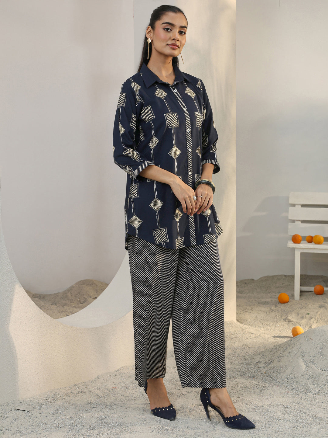  Navy Blue Geometric Printed Rayon Co-Ord Set 
