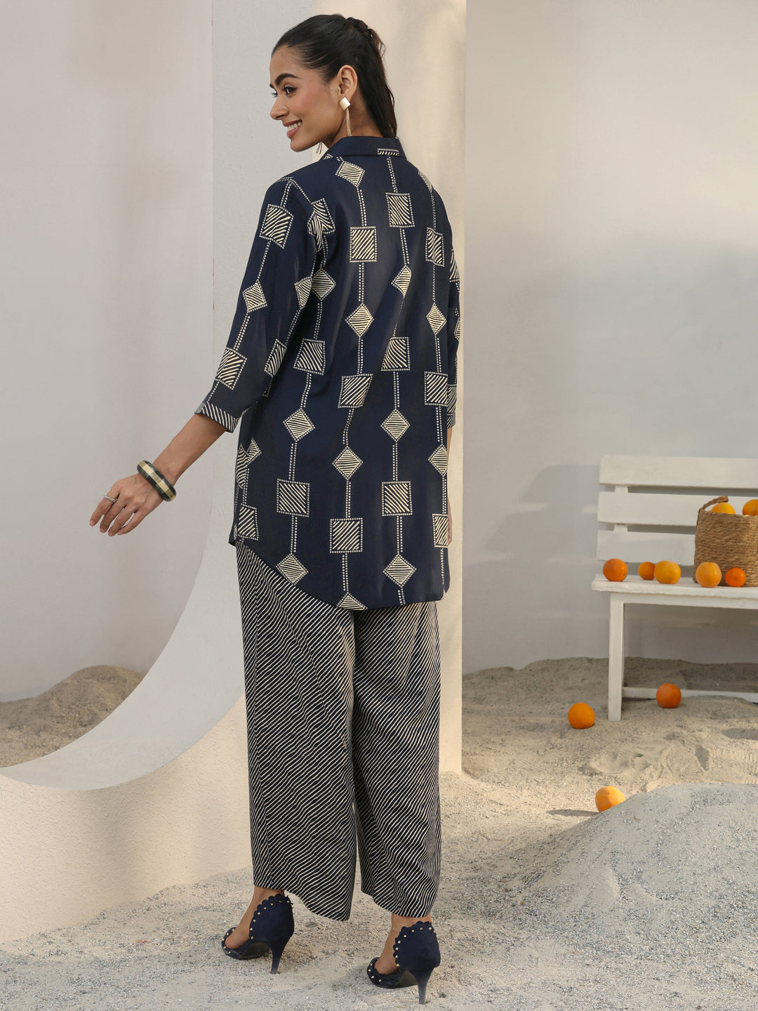  Navy Blue Geometric Printed Rayon Co-Ord Set 