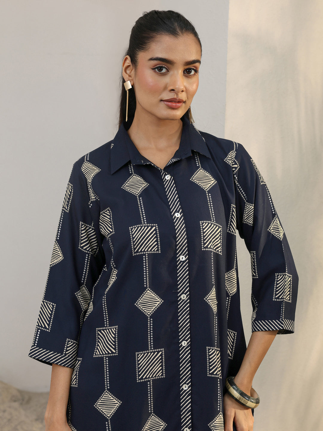  Navy Blue Geometric Printed Rayon Co-Ord Set 