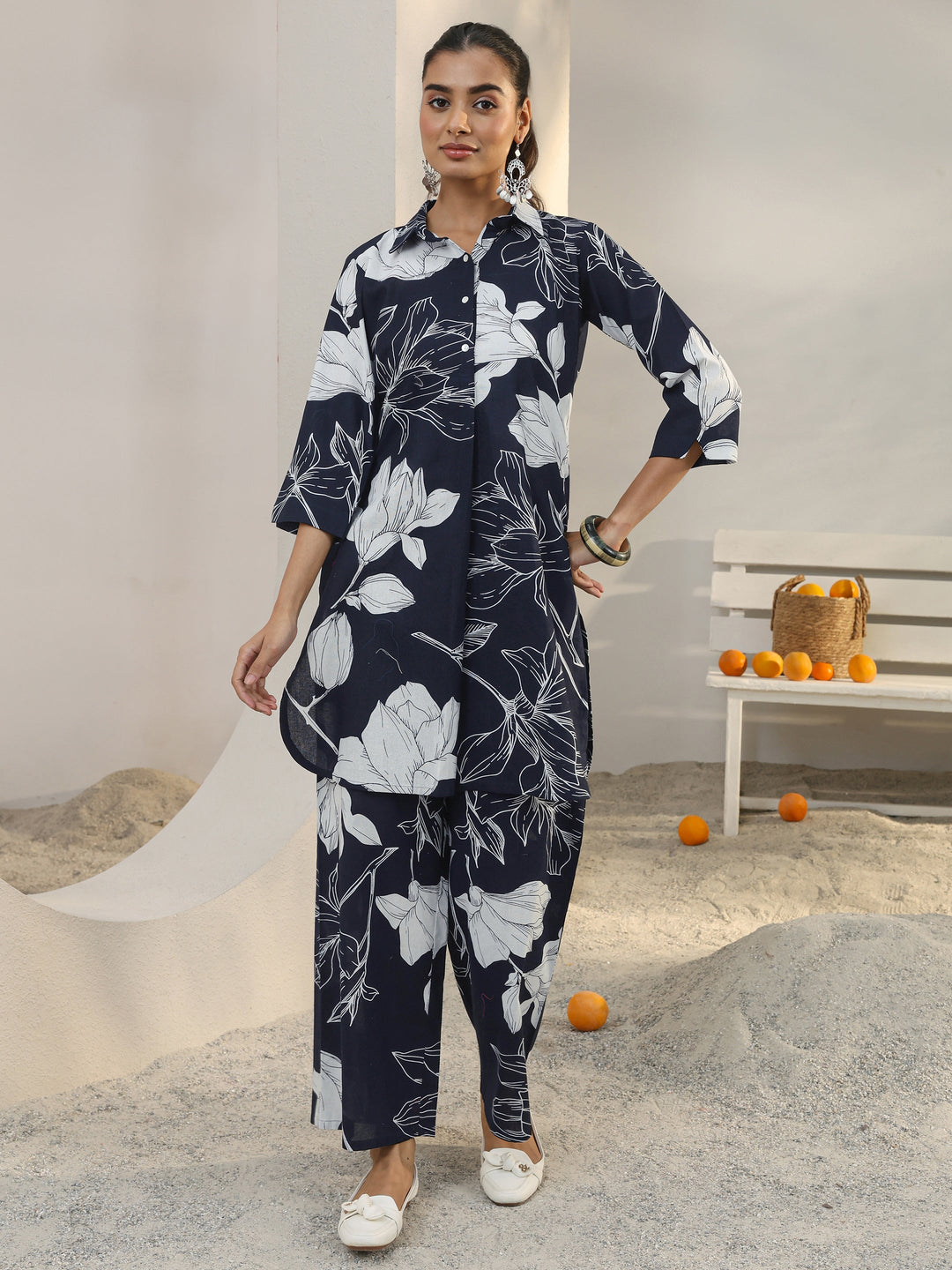  Navy Blue Floral Printed Cotton Co-Ord Set 