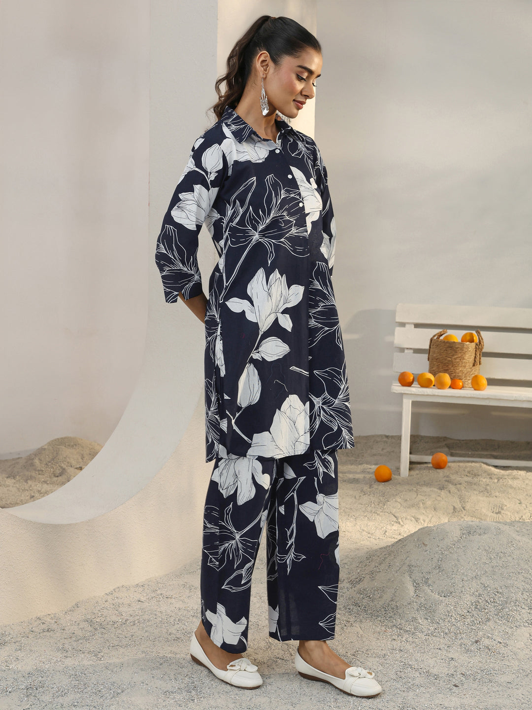  Navy Blue Floral Printed Cotton Co-Ord Set 