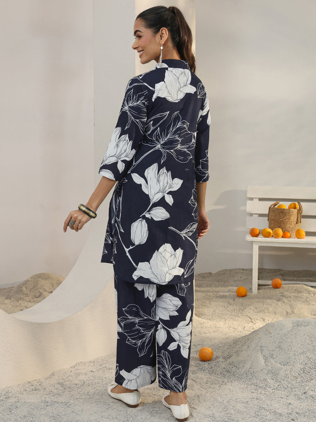  Navy Blue Floral Printed Cotton Co-Ord Set 