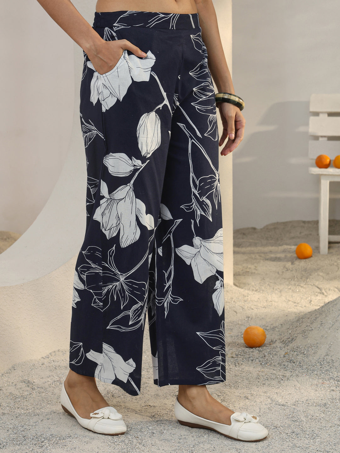  Navy Blue Floral Printed Cotton Co-Ord Set 