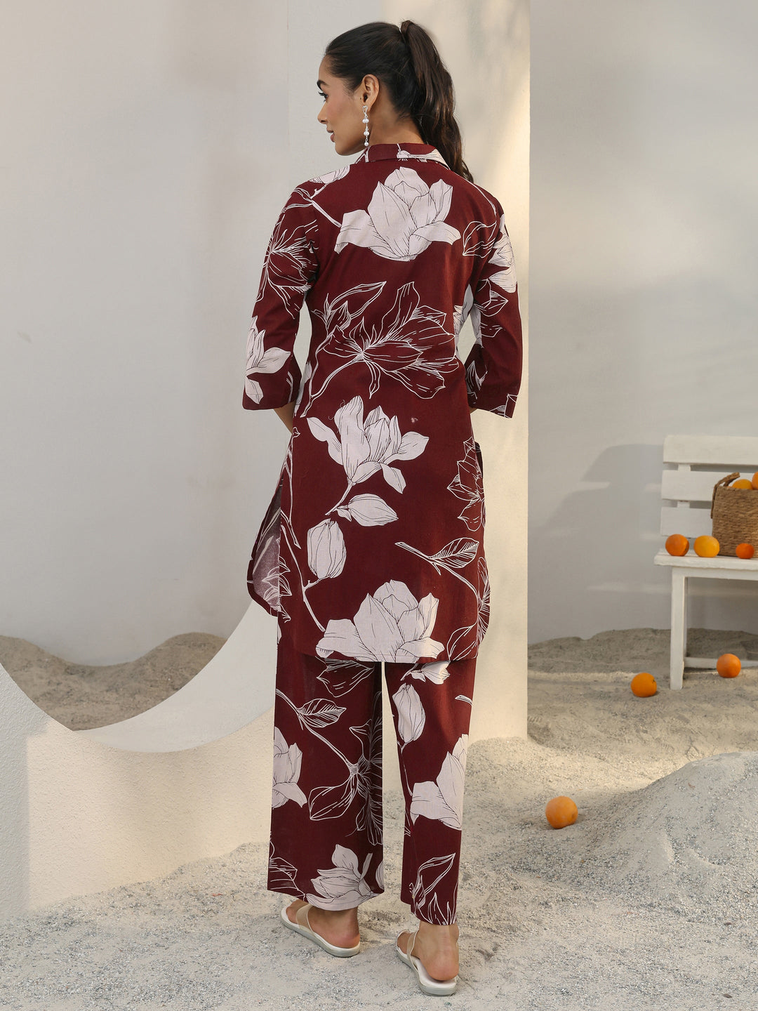  Maroon Floral Printed Cotton Co-Ord Set 